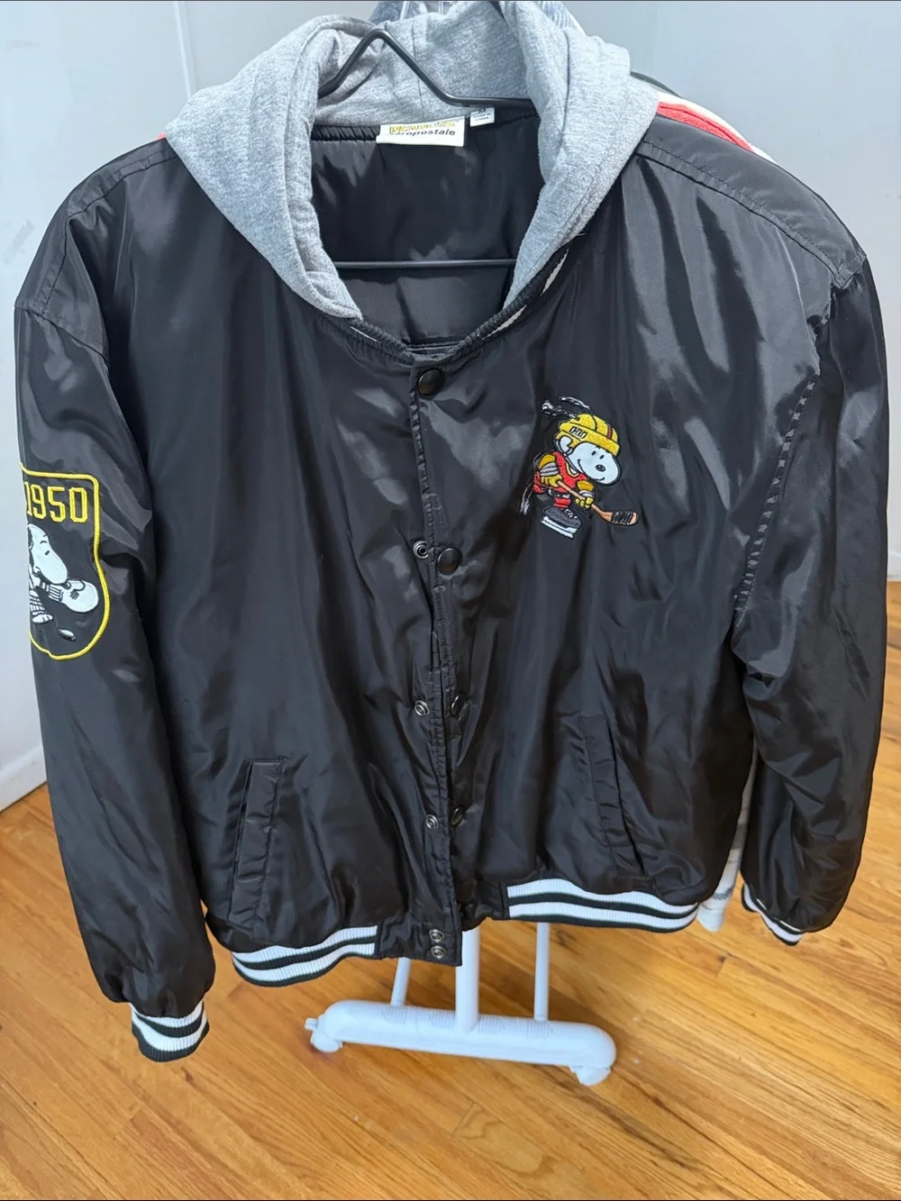 Aeropostale Black Hooded Bomber Jacket with Peanuts Snoopy Patch